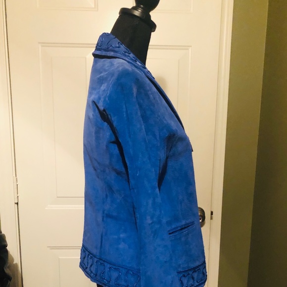 Beautiful Bamboo Embroidered Blue Suede Jacket - Picture 9 of 9